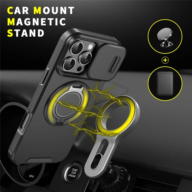 For iPhone 16 Pro Max Magnetic Case Kickstand TPU+PC Phone Case with Camera Lens Slide Cover - Purple