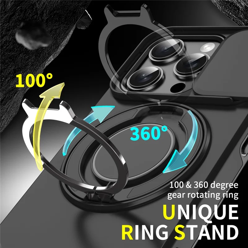 For iPhone 16 Pro Case Kickstand TPU+PC Magnetic Phone Cover with Camera Lens Slide Lid - Black