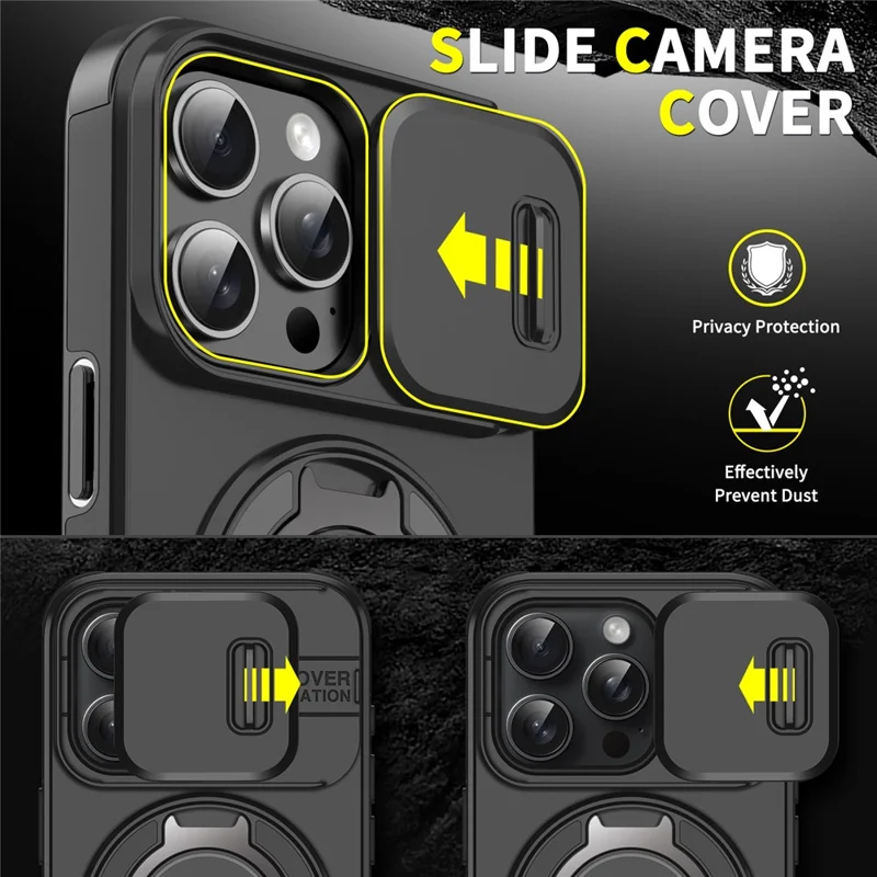 For iPhone 16 Pro Case Kickstand TPU+PC Magnetic Phone Cover with Camera Lens Slide Lid - Black