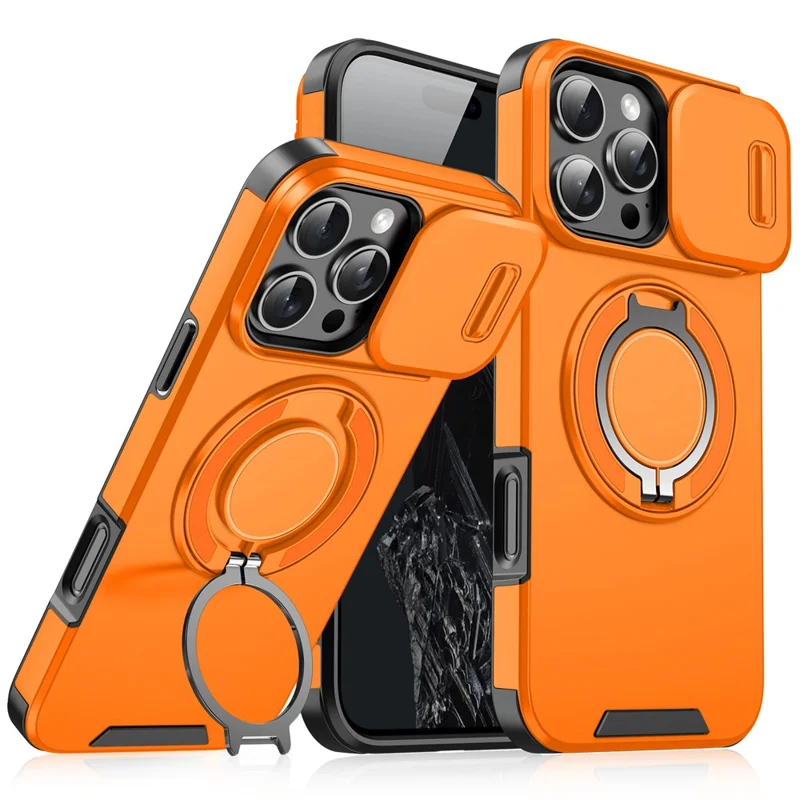 For iPhone 16 Pro Case Kickstand TPU+PC Magnetic Phone Cover with Camera Lens Slide Lid - Orange