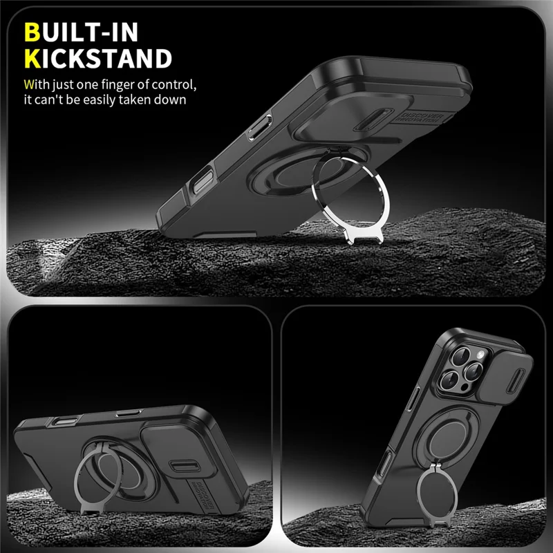 For iPhone 16 Pro Case Kickstand TPU+PC Magnetic Phone Cover with Camera Lens Slide Lid - Orange