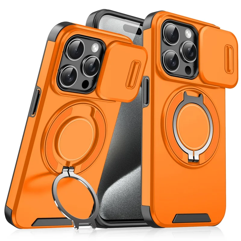 For iPhone 15 Pro Max Kickstand Case TPU+PC Magnetic Phone Case with Camera Lens Slide Cover - Orange