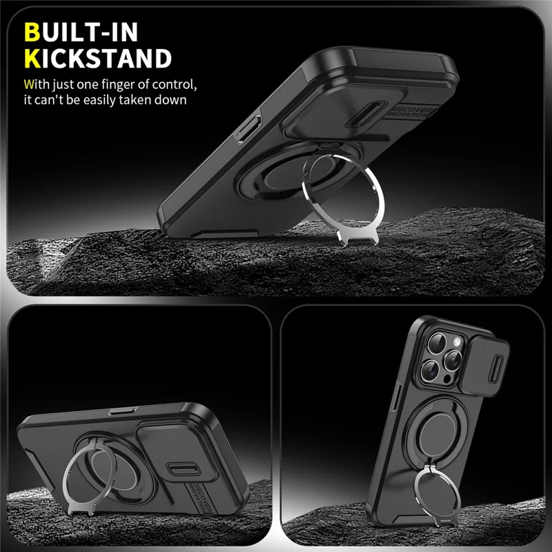 For iPhone 15 Pro Case Kickstand TPU+PC Magnetic Phone Case with Camera Lens Slide Cover - Black