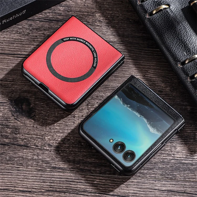 Чехол Для Motorola Razr 50 5G, совместимый с MagSafe, кожаный+ПК, черный