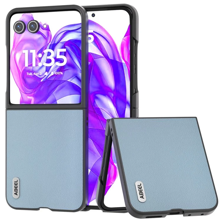 ABEEL pour Motorola Razr 50 Ultra 5G Étui Véritable Cuir de Vache Couverture de Téléphone PC Bord Noir - Bleu Ciel