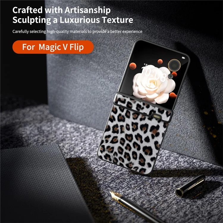 ABEEL For Honor Magic V Flip 5G Case Charnière Protection PU+PC Housse de Téléphone avec Motif Léopard - Argent