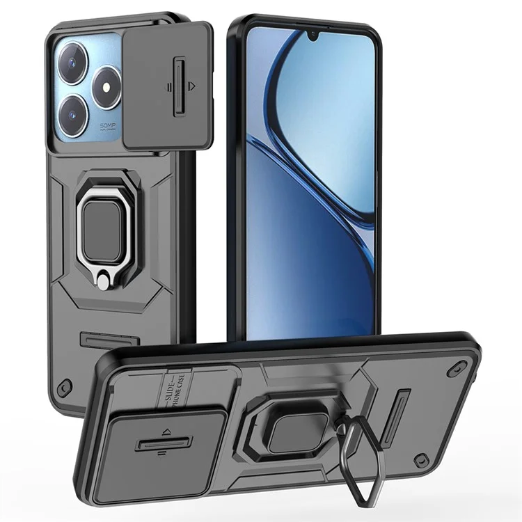 Para Realme C63 4G / C61 4G / Narzo N63 4G Funda con Soporte Kickstand PC+TPU Carcasa de Teléfono con Tapa de Lente - Negro