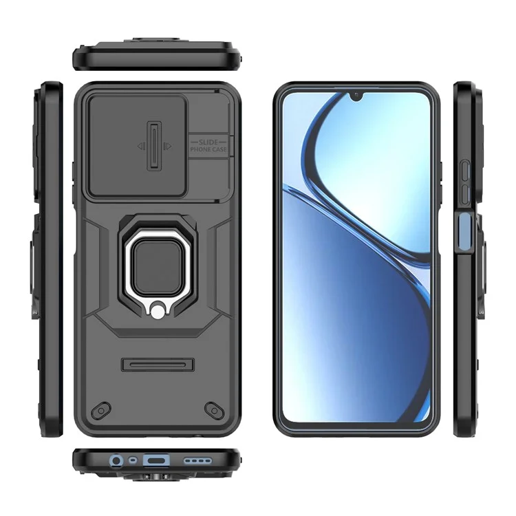 Para Realme C63 4G / C61 4G / Narzo N63 4G Funda con Soporte Kickstand PC+TPU Carcasa de Teléfono con Tapa de Lente - Negro