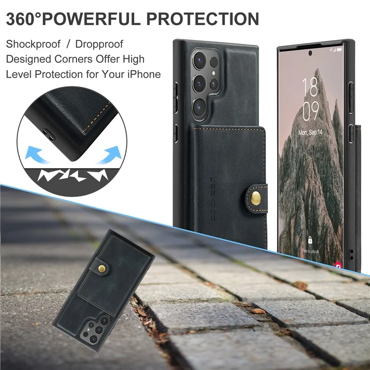 JEEHOOD J01 Für Samsung Galaxy S24 Ultra Case Kickstand Phone Cover Abnehmbare Kartentasche - Schwarz