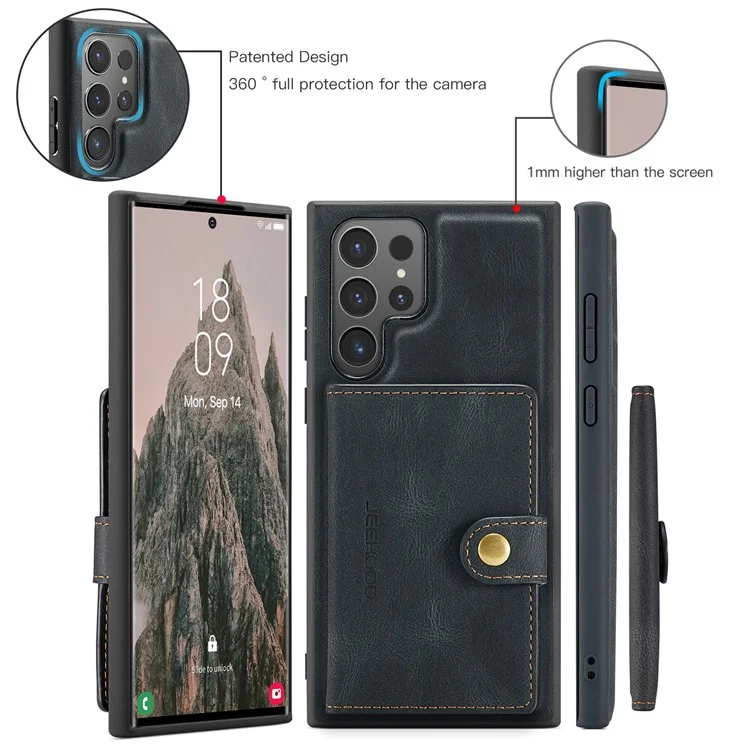 JEEHOOD J01 Für Samsung Galaxy S24 Ultra Case Kickstand Phone Cover Abnehmbare Kartentasche - Schwarz