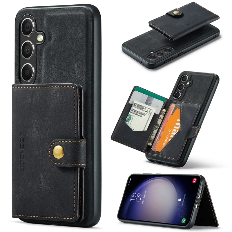 JEEHOOD J01 Para Samsung Galaxy S23 FE Retro Phone Case com Bolsa Magnética Destacável - Preto