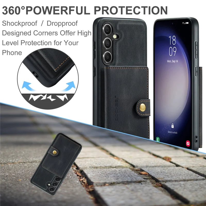 JEEHOOD J01 Para Samsung Galaxy S23 FE Retro Phone Case com Bolsa Magnética Destacável - Preto
