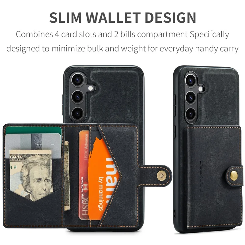 JEEHOOD J01 For Samsung Galaxy S24+ Case Detachable Card Bag Leather Coated TPU Cover - Black