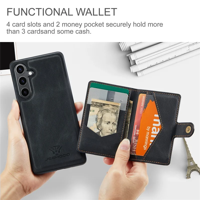 JEEHOOD J01 For Samsung Galaxy S24+ Case Detachable Card Bag Leather Coated TPU Cover - Black