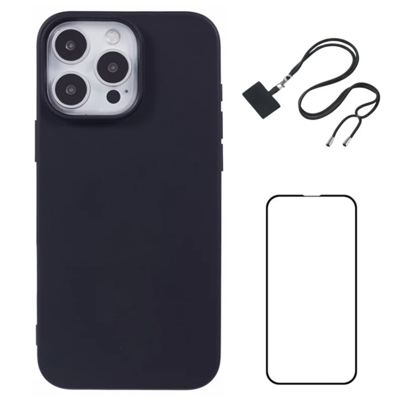 WANLONFENG RB1 Series For iPhone 16 Pro Max TPU Phone Case with Screen Film / Lanyard - Black