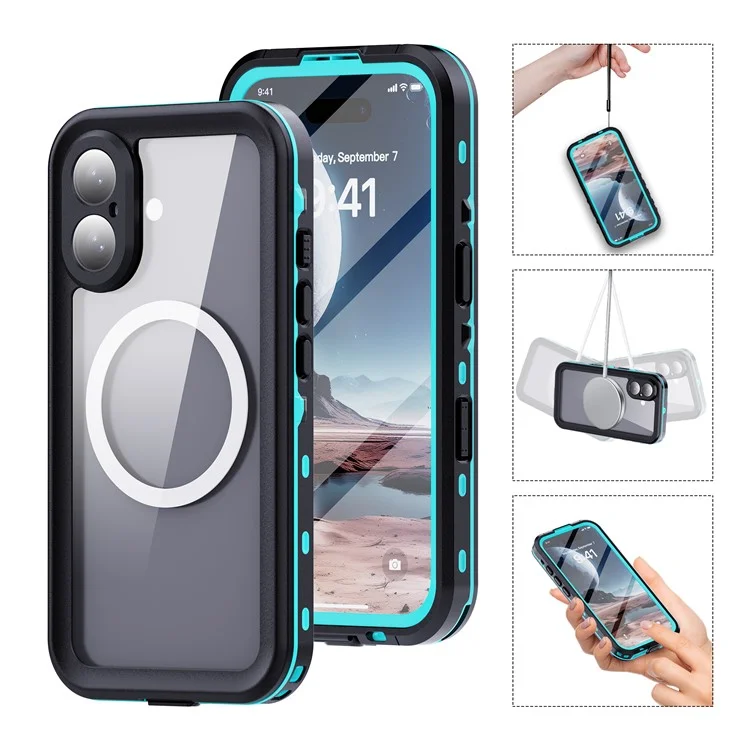 SHELLBOX Dot+ Series Phone Case for iPhone 16 IP68 Waterproof PC+TPU Clear Cover Compatible with MagSafe - Blue