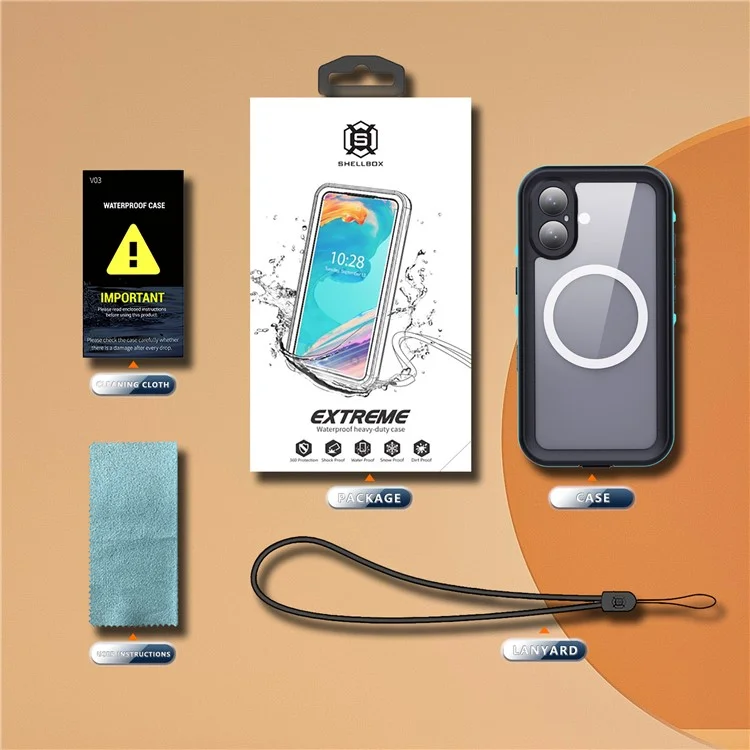 SHELLBOX Dot+ Series Phone Case for iPhone 16 IP68 Waterproof PC+TPU Clear Cover Compatible with MagSafe - Blue