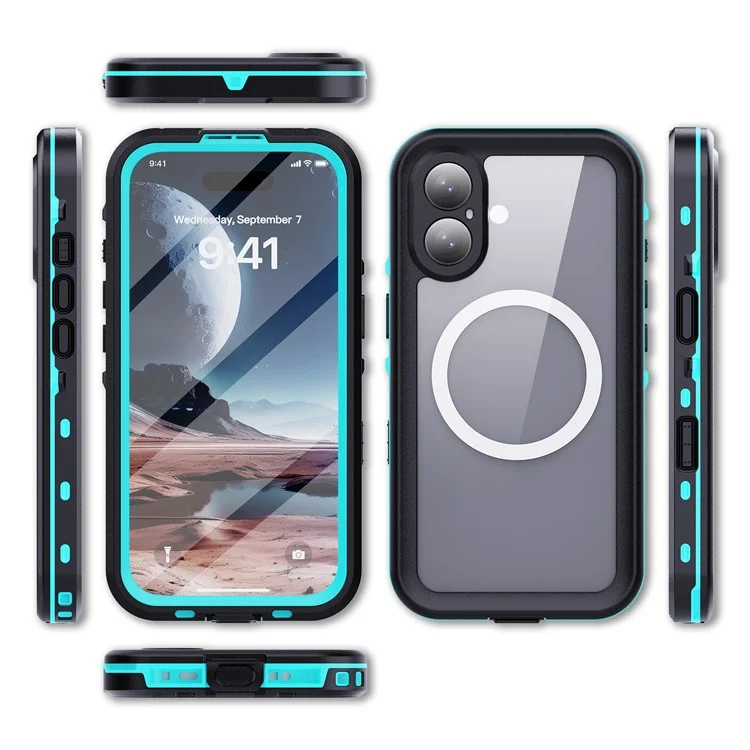 SHELLBOX Dot+ Series Phone Case for iPhone 16 IP68 Waterproof PC+TPU Clear Cover Compatible with MagSafe - Blue