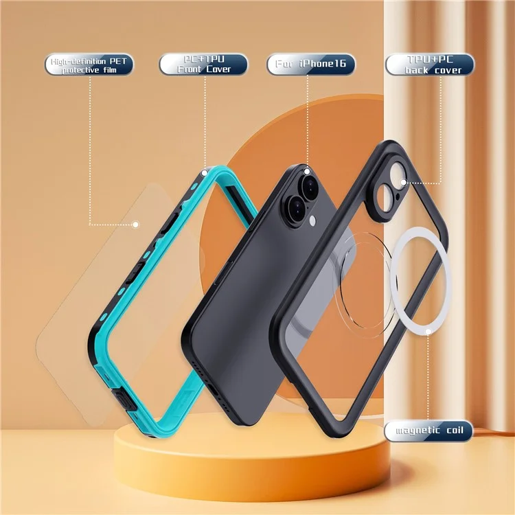 SHELLBOX Dot+ Series Phone Case for iPhone 16 IP68 Waterproof PC+TPU Clear Cover Compatible with MagSafe - Blue