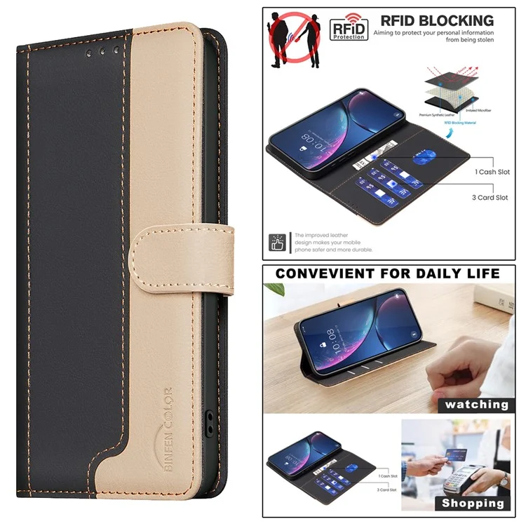 BINFEN COLOR BF33 per iPhone 16 Plus Case RFID Blocking Folio Flip Custodia in pelle - Nero