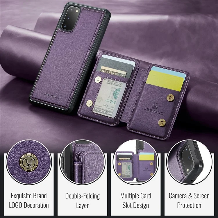 JEEHOOD J05 For Samsung Galaxy S20 4G / 5G Case Leather Mobile Cover with Detachable Magnetic Card Bag - Purple