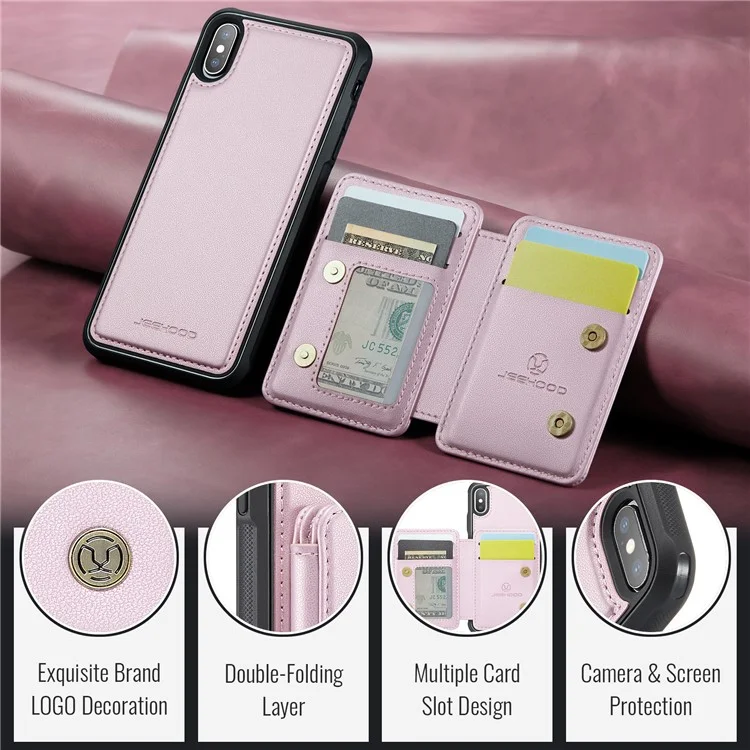 Funda JEEHOOD J05 para iPhone X / XS, con bolsa para tarjetas desmontable y soporte, color rosa