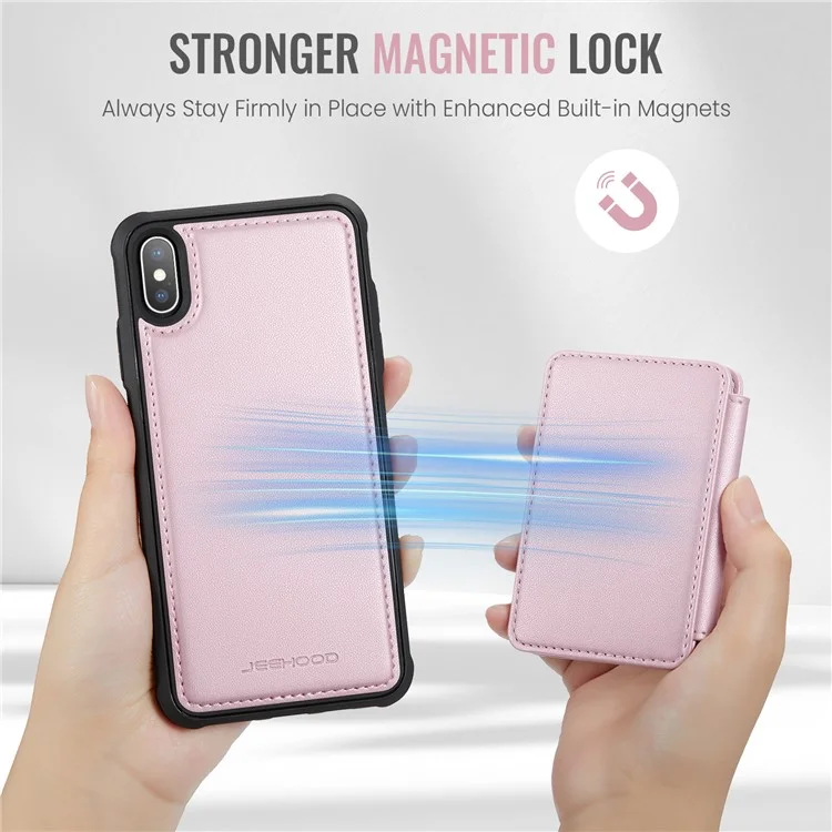 Funda JEEHOOD J05 para iPhone X / XS, con bolsa para tarjetas desmontable y soporte, color rosa