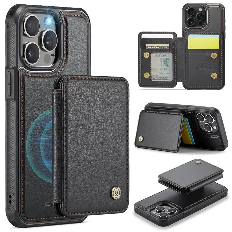 JEEHOOD J05 Für iPhone 15 Pro Hülle Lederrückseite Handyhülle Abnehmbare Kartentasche Ständer - Schwarz