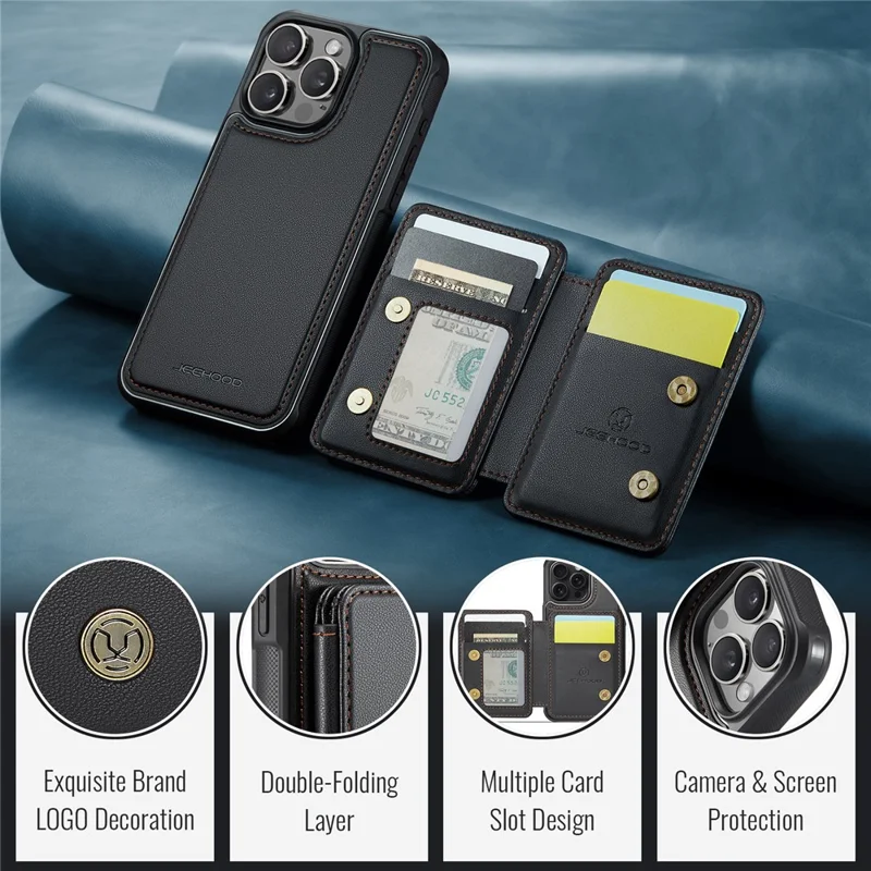 JEEHOOD J05 Für iPhone 15 Pro Hülle Lederrückseite Handyhülle Abnehmbare Kartentasche Ständer - Schwarz