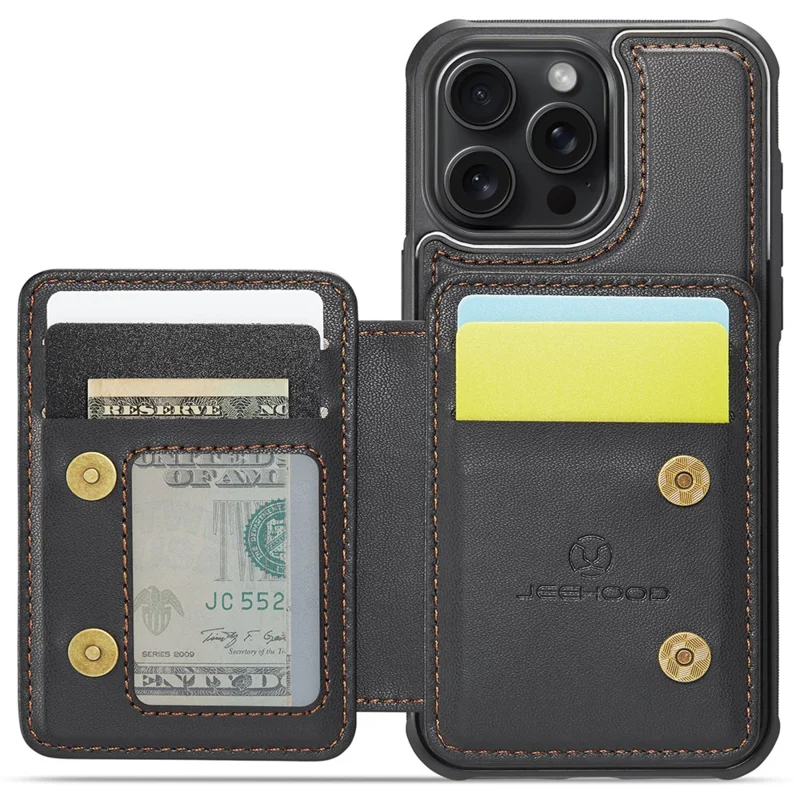 JEEHOOD J05 Für iPhone 15 Pro Hülle Lederrückseite Handyhülle Abnehmbare Kartentasche Ständer - Schwarz