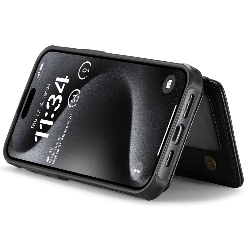 JEEHOOD J05 Für iPhone 15 Pro Hülle Lederrückseite Handyhülle Abnehmbare Kartentasche Ständer - Schwarz