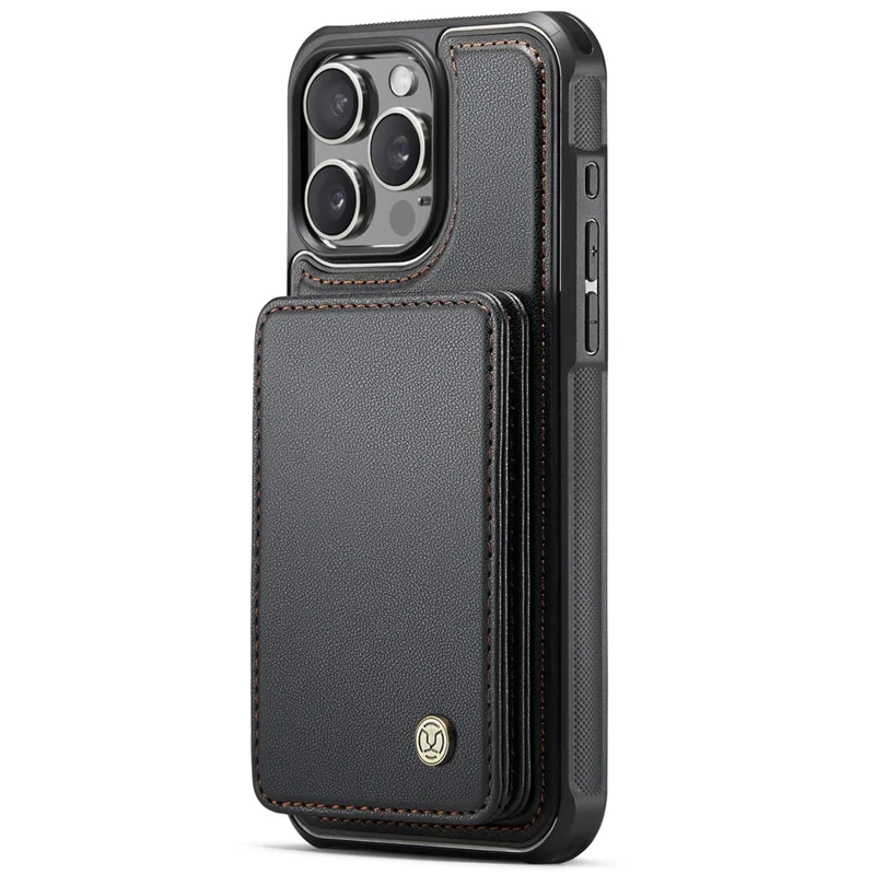 JEEHOOD J05 Für iPhone 15 Pro Hülle Lederrückseite Handyhülle Abnehmbare Kartentasche Ständer - Schwarz