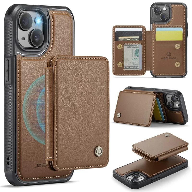 JEEHOOD J05 For iPhone 15 Plus Case Leather Mobile Cover with Detachable Magnetic Card Bag - Brown