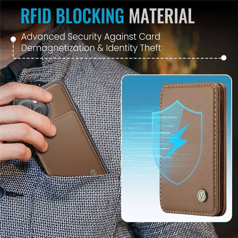 JEEHOOD J05 For iPhone 15 Plus Case Leather Mobile Cover with Detachable Magnetic Card Bag - Brown