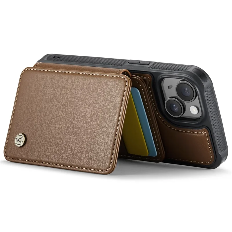JEEHOOD J05 For iPhone 15 Plus Case Leather Mobile Cover with Detachable Magnetic Card Bag - Brown
