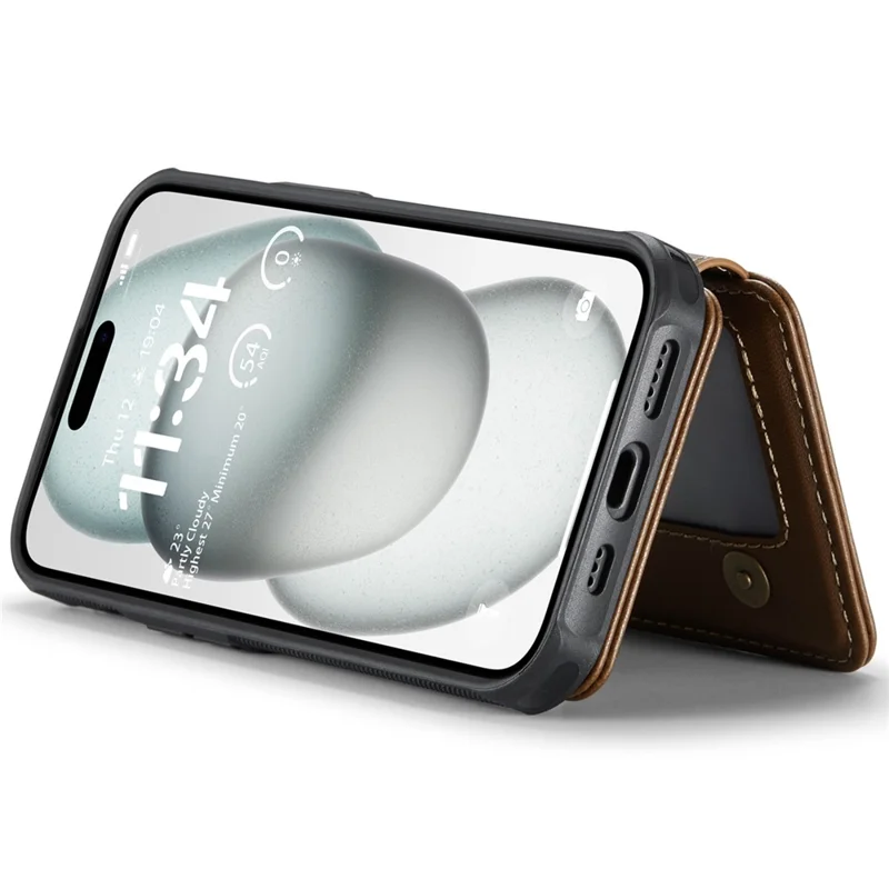 JEEHOOD J05 For iPhone 15 Plus Case Leather Mobile Cover with Detachable Magnetic Card Bag - Brown