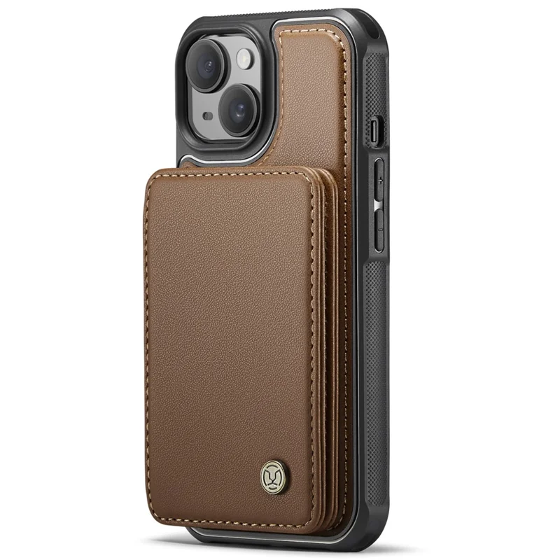JEEHOOD J05 For iPhone 15 Plus Case Leather Mobile Cover with Detachable Magnetic Card Bag - Brown