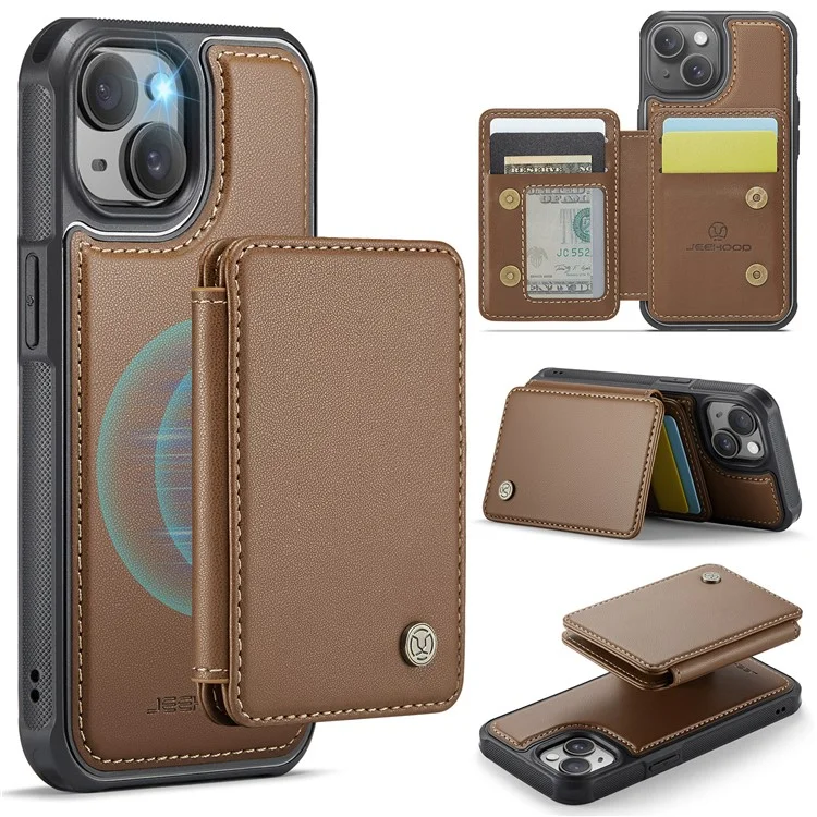 JEEHOOD J05 Funda para iPhone 14 Plus Piel+TPU Tapa del teléfono con 4 Ranuras para Tarjetas - Marrón