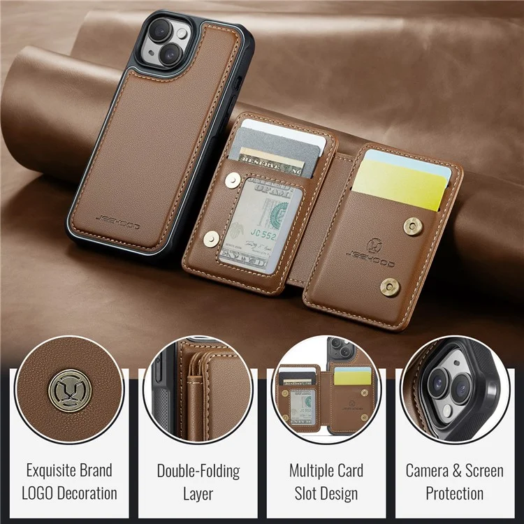 JEEHOOD J05 Funda para iPhone 14 Plus Piel+TPU Tapa del teléfono con 4 Ranuras para Tarjetas - Marrón