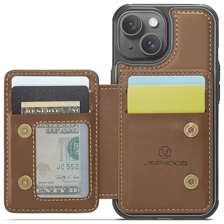 JEEHOOD J05 Funda para iPhone 14 Plus Piel+TPU Tapa del teléfono con 4 Ranuras para Tarjetas - Marrón