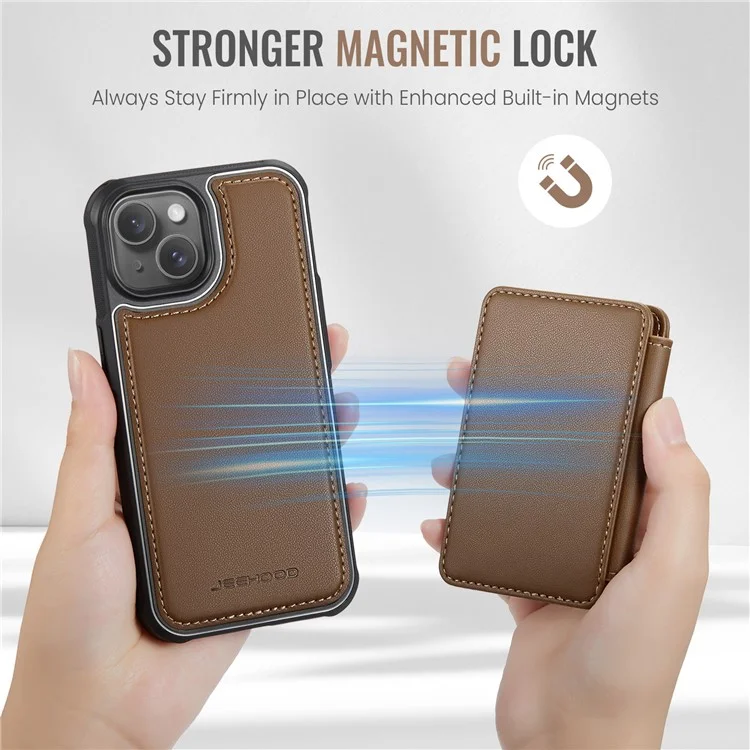 JEEHOOD J05 Funda para iPhone 14 Plus Piel+TPU Tapa del teléfono con 4 Ranuras para Tarjetas - Marrón