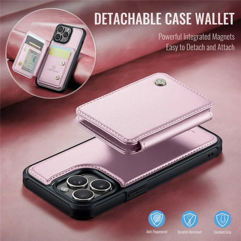 JEEHOOD J05 For iPhone 14 Pro Max Case Leather Mobile Cover with Detachable Magnetic Card Bag - Pink