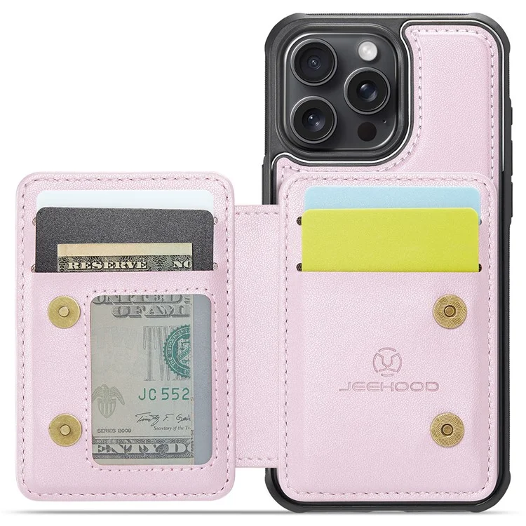 JEEHOOD J05 For iPhone 14 Pro Case Leather Mobile Cover with Detachable Magnetic Card Bag - Pink