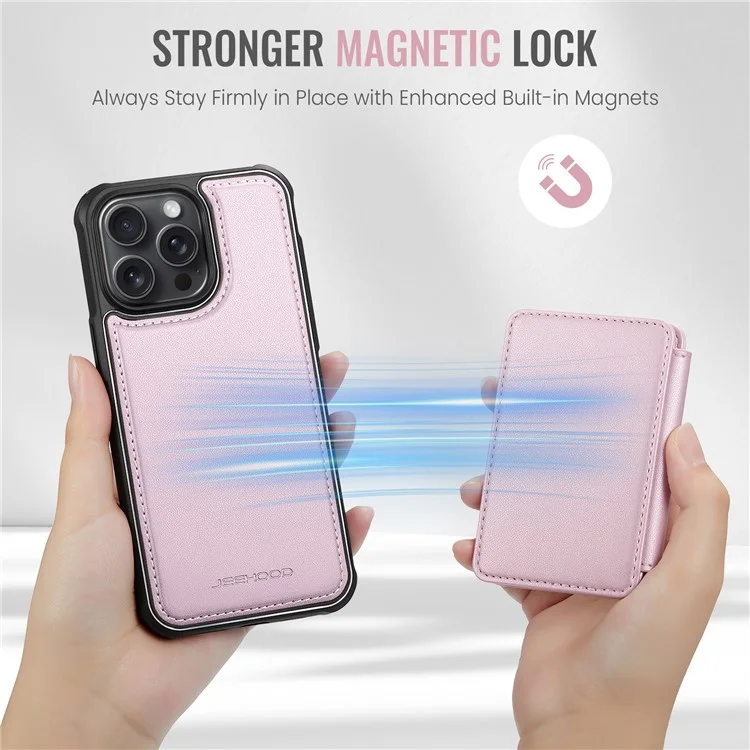JEEHOOD J05 For iPhone 14 Pro Case Leather Mobile Cover with Detachable Magnetic Card Bag - Pink
