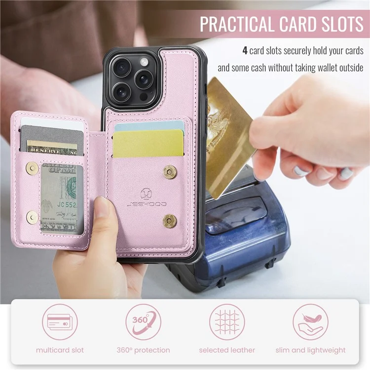 JEEHOOD J05 For iPhone 14 Pro Case Leather Mobile Cover with Detachable Magnetic Card Bag - Pink