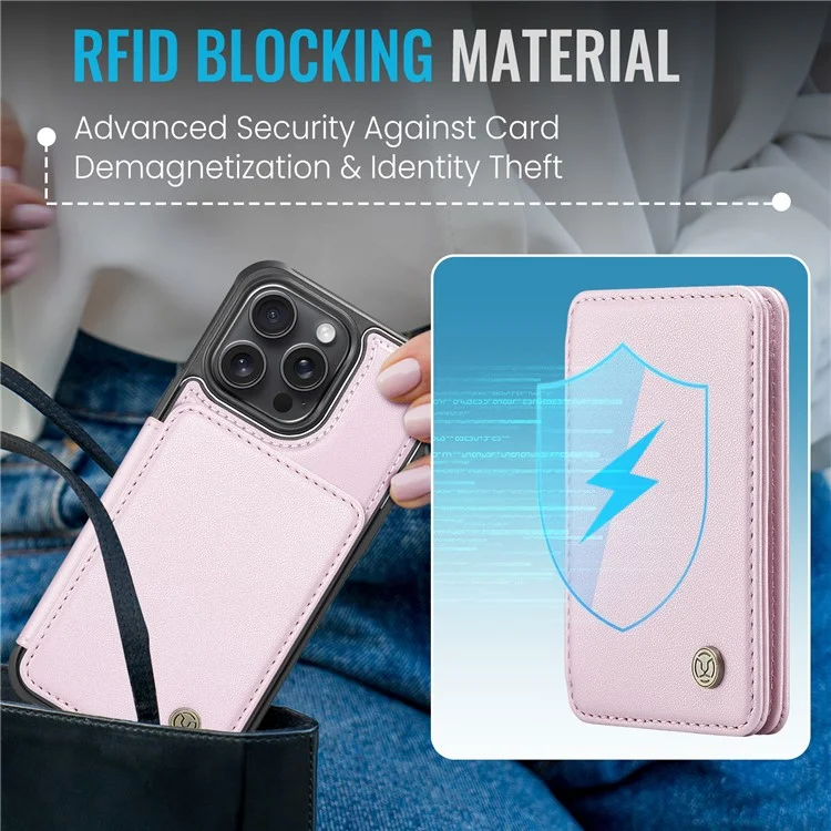 JEEHOOD J05 Чехол для iPhone 13 Pro Max RFID Блокировка карты Кожаная + TPU Чехол для телефона - Розовый