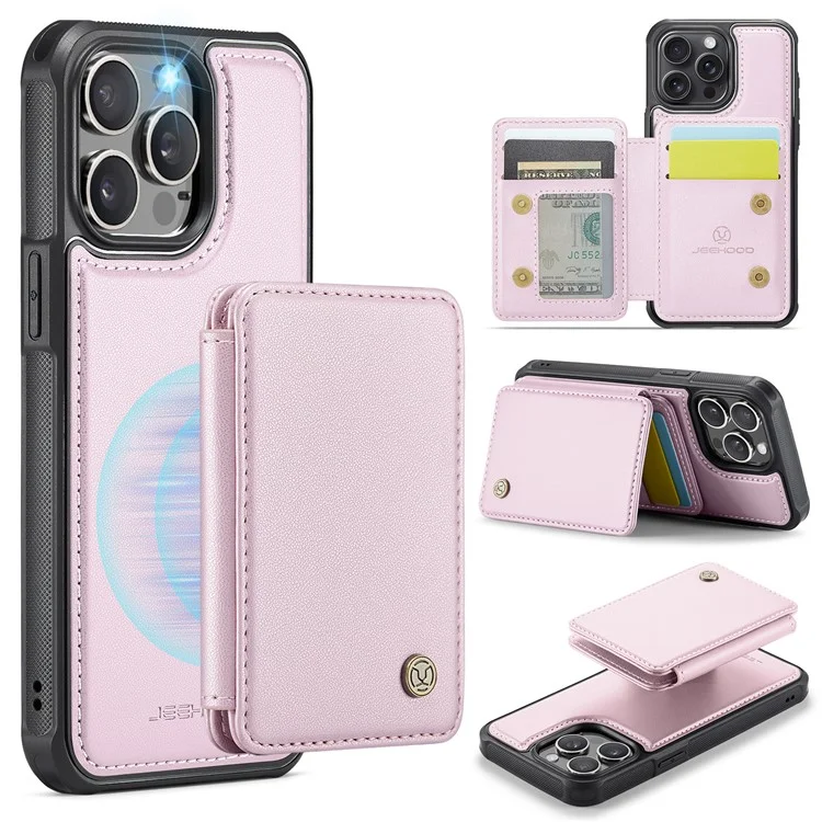 JEEHOOD J05 For iPhone 13 Pro Case Leather Mobile Cover with Detachable Magnetic Card Bag - Pink