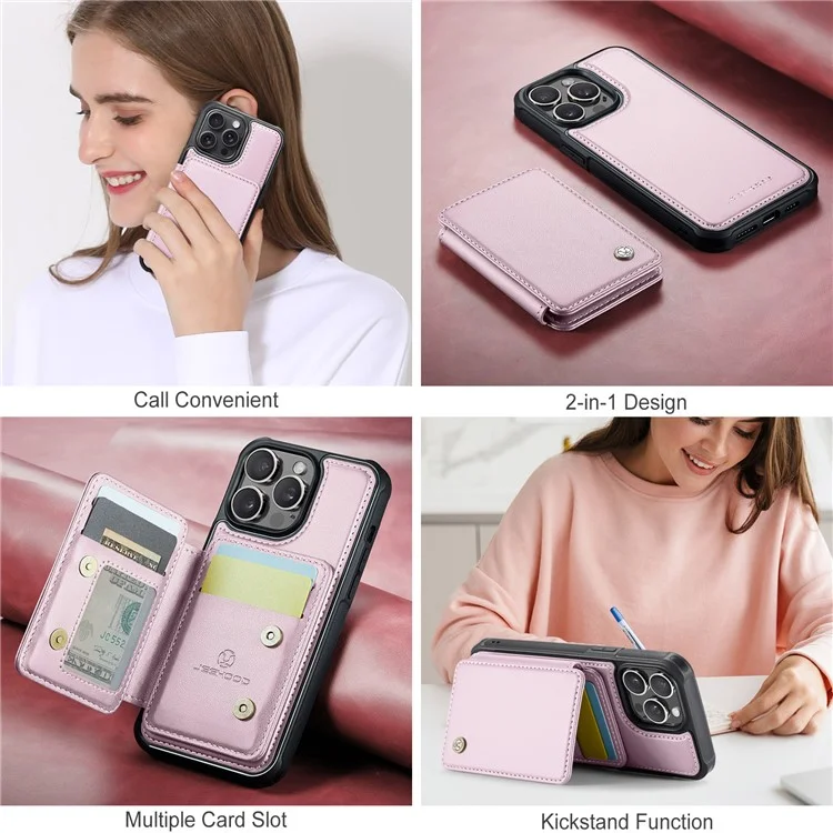 JEEHOOD J05 For iPhone 13 Pro Case Leather Mobile Cover with Detachable Magnetic Card Bag - Pink