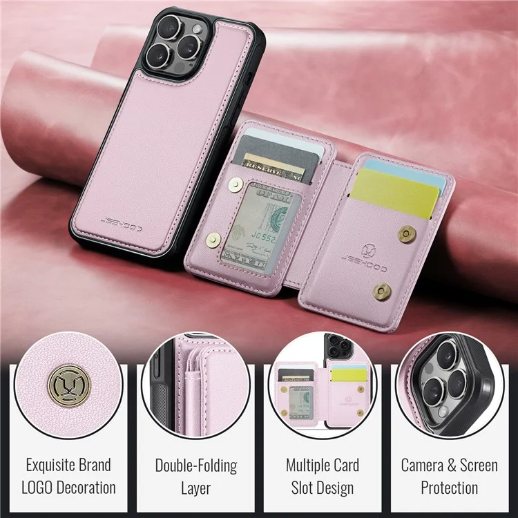 JEEHOOD J05 For iPhone 13 Pro Case Leather Mobile Cover with Detachable Magnetic Card Bag - Pink