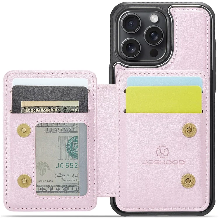 JEEHOOD J05 For iPhone 13 Pro Case Leather Mobile Cover with Detachable Magnetic Card Bag - Pink